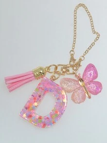 Móc khóa chữ cái đầu tiên 1 cái dễ thương cho túi xách nữ, mặt dây chuyền quyến rũ xe hơi với bông tuyết nhựa lấp lánh màu hồng, trang trí bướm và tua rua, phụ kiện quà tặng - Hồng - Xem 5