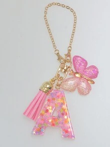 Móc khóa chữ cái đầu tiên 1 cái dễ thương cho túi xách nữ, mặt dây chuyền quyến rũ xe hơi với bông tuyết nhựa lấp lánh màu hồng, trang trí bướm và tua rua, phụ kiện quà tặng - Hồng - Xem 2