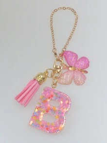 Móc khóa chữ cái đầu tiên 1 cái dễ thương cho túi xách nữ, mặt dây chuyền quyến rũ xe hơi với bông tuyết nhựa lấp lánh màu hồng, trang trí bướm và tua rua, phụ kiện quà tặng - Hồng - Xem 3
