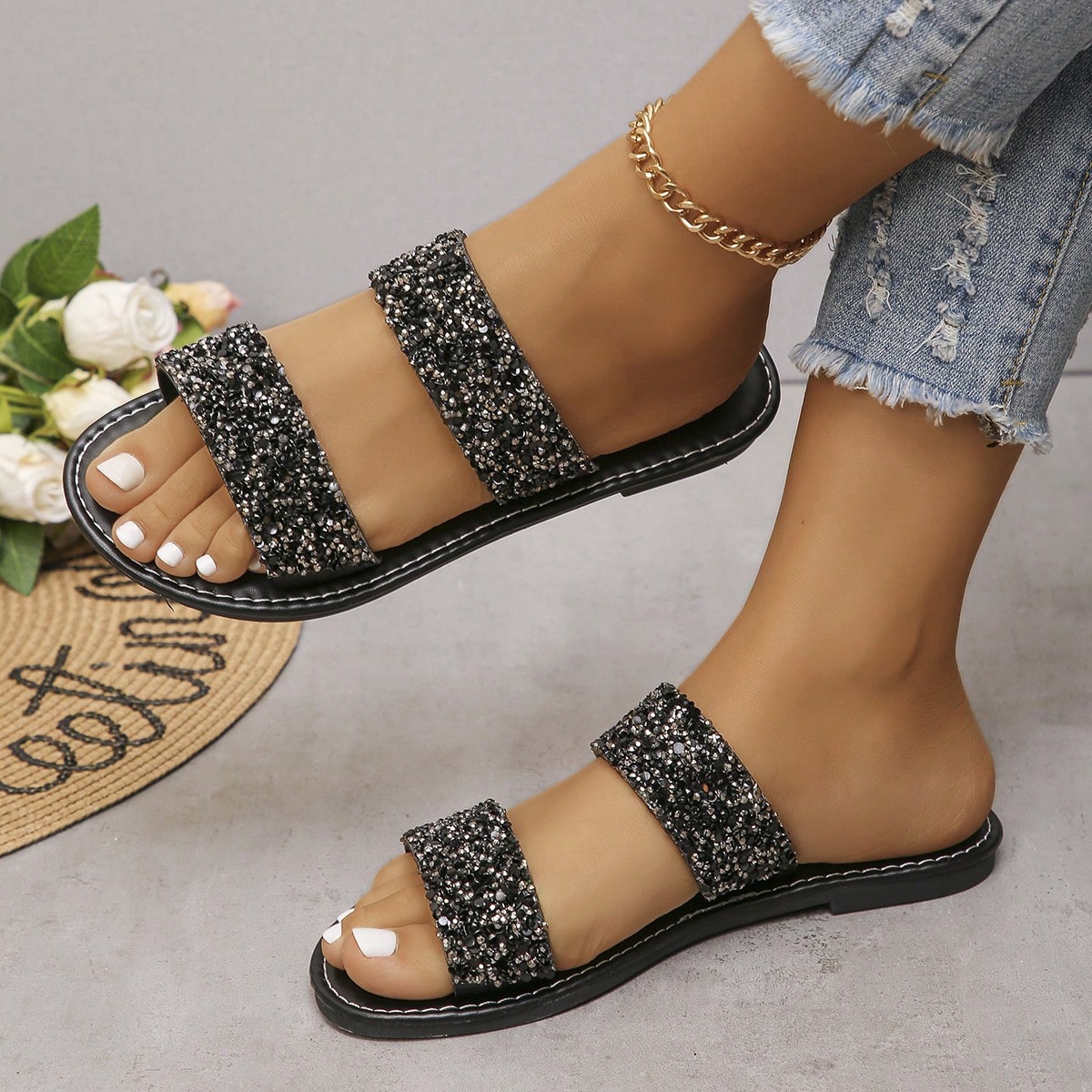 Chanclas Brillantes Con Lentejuelas Decorativas Para Mujeres, Zapatos Casuales Y Ligeros Para El Verano, Sandalias De Playa Planas