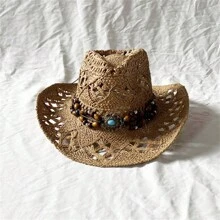 Boho 1pc Gemstone Malan Flower Hat With Handmade Hollow Out Design, 9cm Wide Brim Sunshade Cowboy Hat - Hollow - View 16