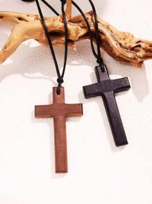 1pc Wooden Cross Pendant, Adjustable & Pullable Men's Necklace, Vintage & Fashionable Gift For Party Outfits