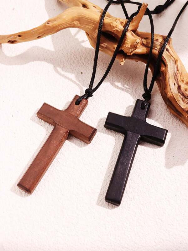 1pc Wooden Cross Pendant, Adjustable & Pullable Men's Necklace, Vintage & Fashionable Gift For Party Outfits