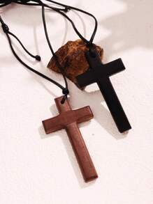 1pc Wooden Cross Pendant, Adjustable & Pullable Men's Necklace, Vintage & Fashionable Gift For Party Outfits
