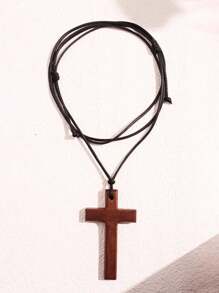 1pc Wooden Cross Pendant, Adjustable & Pullable Men's Necklace, Vintage & Fashionable Gift For Party Outfits