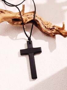 1pc Wooden Cross Pendant, Adjustable & Pullable Men's Necklace, Vintage & Fashionable Gift For Party Outfits