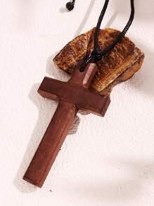 1pc Wooden Cross Pendant, Adjustable & Pullable Men's Necklace, Vintage & Fashionable Gift For Party Outfits