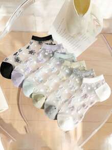 6 Pares De Calcetines De Corte Bajo Decorados Con Estrellas De Mar Y Cristales, Transpirables Y Adecuados Para El Verano