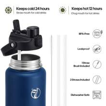 Insulated Water Bottle With 2-In-1 Lid (Chug Lid/Straw Lid),40oz/64oz Double Walled Vacuum Stainless Steel Water Bottles, Water Jug With Straw, Wide Mouth Insulated - 寶藍色 - 查看 4