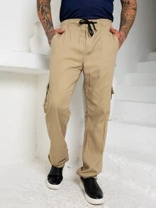 Calça Cargo Masculina Bolso Lado Cintura Com Cordão - Caqui - Visão 1