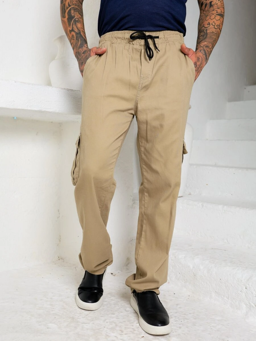 Calça Cargo Masculina Bolso Lado Cintura Com Cordão - Caqui - Visão 1