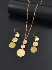 3件套时尚金色链条圆形吊坠项链和圆形水滴耳环首饰套装，适合女性，派对和日常佩戴 - 金色 - 查看 3