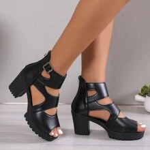 Women's Chunky Heel Peep-Toe Hollow Out Slip On Fashion High Heel Sandals, Suitable For Party And Outdoor Events - Black - View 4
