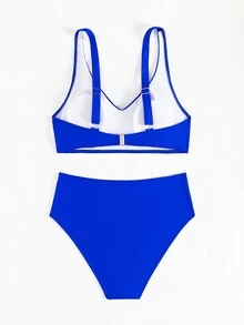 Women Solid Color Cross Wrap Bikini Set With Removable Pads For Beach Vacation Summer - Royal Blue - View 4