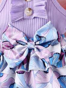 嬰兒女孩蝴蝶印花多層裙式下擺連髮帶連身衣 - 紫色 - 查看 4