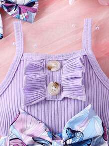 嬰兒女孩蝴蝶印花多層裙式下擺連髮帶連身衣 - 紫色 - 查看 6