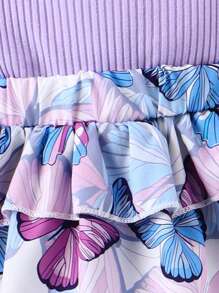 嬰兒女孩蝴蝶印花多層裙式下擺連髮帶連身衣 - 紫色 - 查看 7