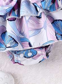 嬰兒女孩蝴蝶印花多層裙式下擺連髮帶連身衣 - 紫色 - 查看 3