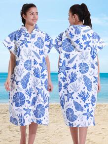 1pc Blue Seashell And Plant Patterned Hooded Zip-Up Towel, Soft And Absorbent Microfiber Surf Poncho With Front Pocket, Windproof, Sun-Proof Bathrobe For Adults, Men, Women, Couple, Beach, Pool, Shower, Outdoor, Home Use Summer Wedding Home Bathroom Decor Beach Wear Back To School