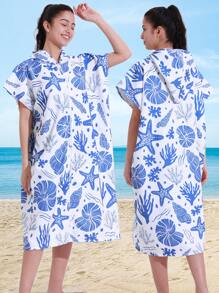 1pc Blue Seashell And Plant Patterned Hooded Zip-Up Towel, Soft And Absorbent Microfiber Surf Poncho With Front Pocket, Windproof, Sun-Proof Bathrobe For Adults, Men, Women, Couple, Beach, Pool, Shower, Outdoor, Home Use Summer Wedding Home Bathroom Decor Beach Wear Back To School