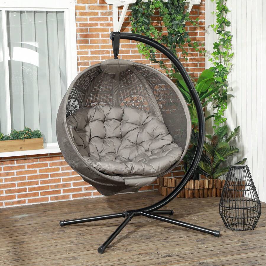 Outsunny Outdoor Hanging Chair, Swing Chair With Metal Stand, Thick Padded Cushion, Foldable Basket And Side Pocket, For Indoor And Outdoor, Sand - Brown - View 1