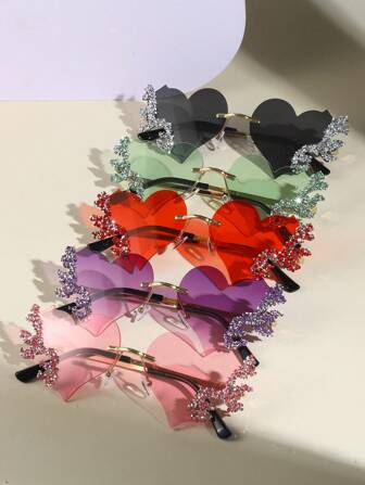 1pair Metal Y2K Style Retro Dopamine Unframed Wedding Love Couple Broken Rhinestone Flame Handmade Inlaid Flash Drill Differentiated Fashion Glasses For Beach Party, Dance Party, Outdoor Activities Shades Beach Accessories Halloween Beach Accessories For Women Glasses Shades Basics Fall Winter Women Outfits Clothes Business Casual Gifts Valentine's Day Valentines For Summer Beach Vacation,Outdoor,Travel