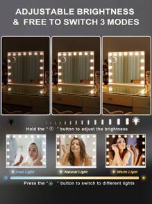 FENCHILIN Holly Wood Mirror With Lighting LED Type C And USB Charging Port 15 Dimmer Lights 3 Light Modes Make-Up Mirror With Lighting Holly Wood Mirror Wall-Mounted White 58cmx48cm - 白色 - 查看 4