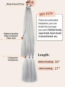 1件装合成编织马尾假发，拳击辫，环绕式发髻，配有发圈，可选长度26英寸、30英寸、34英寸，渐变咖啡棕色编织，适合日常DIY佩戴，也适合圣诞节、新年、狂欢节、音乐节等场合。 - 灰色 - 查看 8