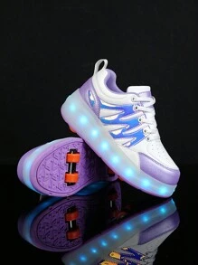 四輪滾輪溜冰鞋,隱藏式可伸縮行走平衡溜冰鞋,led可充電發光鞋,可拆卸並可行走運動鞋 - 紫色 - 查看 4