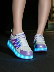 四輪滾輪溜冰鞋,隱藏式可伸縮行走平衡溜冰鞋,led可充電發光鞋,可拆卸並可行走運動鞋 - 紫色 - 查看 5