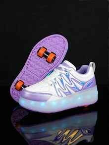四輪滾輪溜冰鞋,隱藏式可伸縮行走平衡溜冰鞋,led可充電發光鞋,可拆卸並可行走運動鞋 - 紫色 - 查看 6