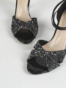 Women Silver Metallic Pointed-Toe Ankle Strap High Heel Sandals, Sexy Fashion Elegant Glitter Silver High Heels - Black - View 6