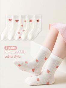 5 双女童白色蕾丝边袜子，粉色心形蝴蝶结，卡通熊，花卉图案，反向针织，春/秋，夏季，新款优雅美学波西米亚公主风格，适合学校、正装鞋、休闲装 - 彩色 - 查看 4