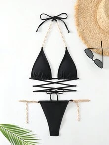 时尚性感两件套比基尼套装，带金属链和绳索三角形上衣设计 - 黑色 - 查看 2