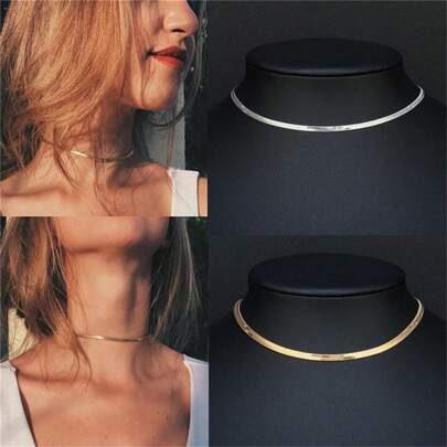 1 pieza Collar de hueso de serpiente corto y plano de estilo minimalista y de moda, collar gargantilla delicado para mujer chapado en oro, joya brillante como regalo para mamá o novia