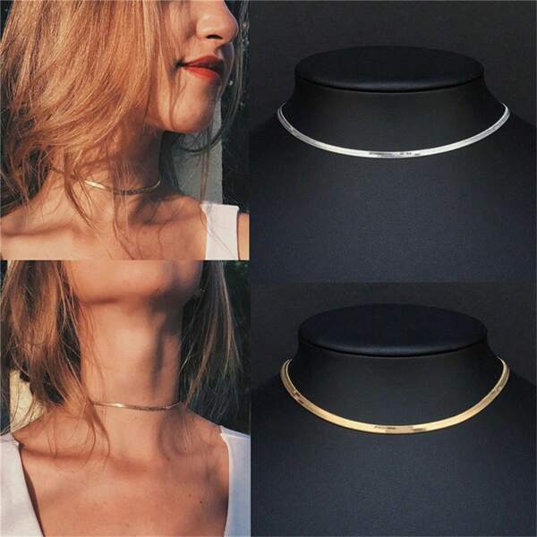 1 Stück Modischer minimalistischer kurzer flacher Schlangenknochen Halskette, zarte Choker-Halskette für Frauen, vergoldet, glänzendes Schmuckgeschenk für Mutter, Freundin