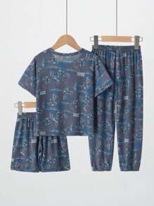 3pcs Young Boys' Game Controller Printed Short Sleeve Top, Shorts And Long Pants Set Matching Set - Multicolor - View 2