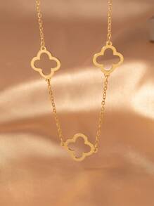 1pc Geometric Hollow Out Clover Pendant Necklace, Western Style Elegant Fashion Accessories - Yellow Gold - View 4