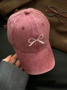 1pc Women's Vintage Sweet Bow Embroidery Washed Baseball Cap With Wide Brim, Spring Cute Valentine's Day Valentines
