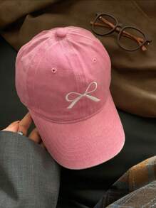 1pc Women's Vintage Sweet Bow Embroidery Washed Baseball Cap With Wide Brim, Spring Cute Valentine's Day Valentines