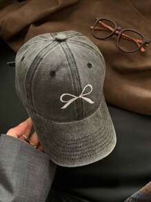 1pc Women's Vintage Sweet Bow Embroidery Washed Baseball Cap With Wide Brim, Spring Cute Valentine's Day Valentines