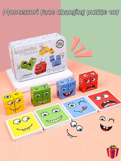 Montessori Children's Early Education Puzzle Face-Changing  Building Block Toy Parent-Child Interactive Desktop Battle Game Wooden Smiling Face Expression,Children Toy,Wooden Montessori,Stem Toys,Puzzle>Kid,Montessori Toy,Smart Games