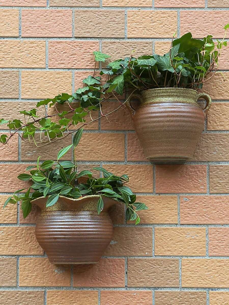 1pc Ceramic Wall Mounted Plant Pot Without Hole Creative Design Hanging Planter For Villa Wall Decoration (Plants Not Included) - Black - View 1