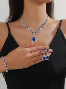 Conjunto De 3 Pcs: Colar De Cristal Champagne, Brincos E Pulseira De Cristal Azul - Azul Real - Ver 2
