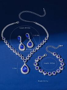 Conjunto De 3 Pcs: Colar De Cristal Champagne, Brincos E Pulseira De Cristal Azul - Azul Real - Ver 3