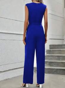 Mono sencillo de pierna ancha con cinturón ajustable cuello redondo sin mangas casual para mujer - Azul - Ver 3