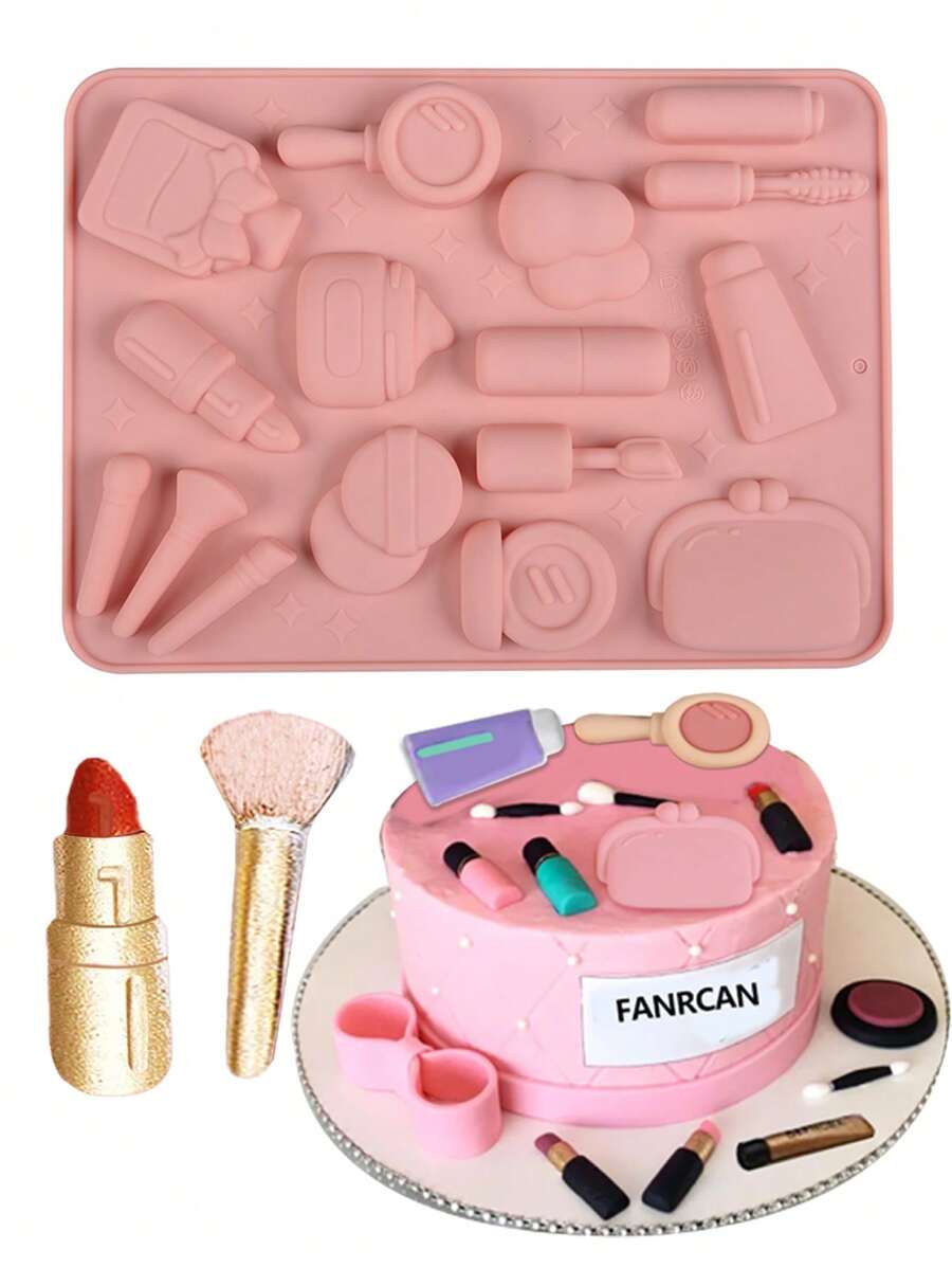 1pc Makeup-Shaped Silicone Cake Mold, For Lipstick, Eyeshadow, Chocolate, Candy, Baking - Pink - View 1