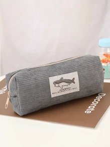 1pc Adorable Shark Embroidery Pencil Case, High Capacity Pen Holder For Primary And Secondary School Students, Dark Gray Back To School,Pencil Pouch,School Bag