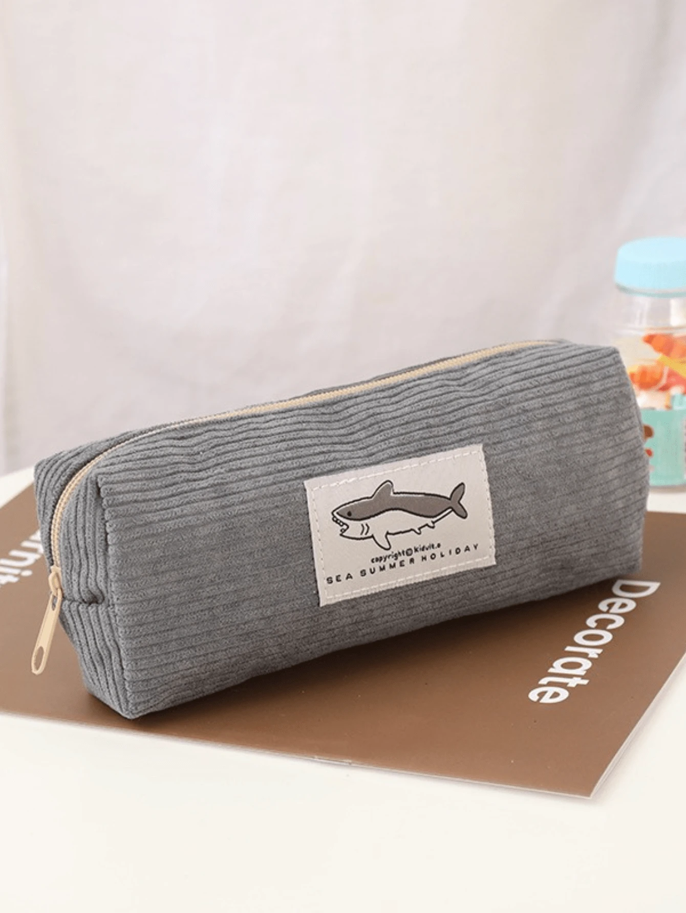 1pc Adorable Shark Embroidery Pencil Case, High Capacity Pen Holder For Primary And Secondary School Students, Dark Gray Back To School,Pencil Pouch,School Bag