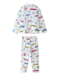 Annil 適合青少年男女的冬季加厚純棉親膚睡衣，可愛卡通印花保暖上衣和長褲兩件套藍色，兒童家居服裝 - 藍色 - 查看 5